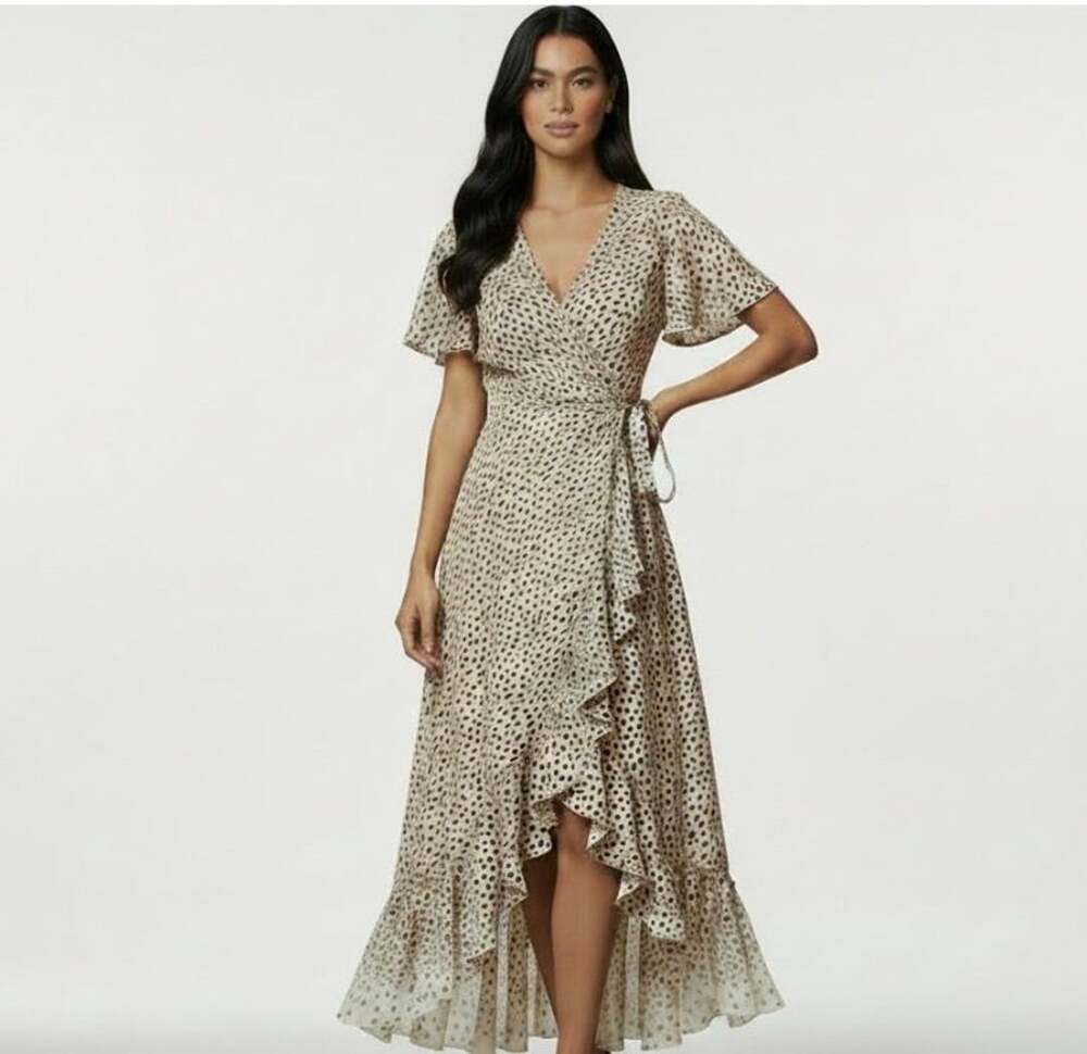 Cotton Candy LA Leopard Print Wrap Midi Dress | Ruffle High-Low | Size S